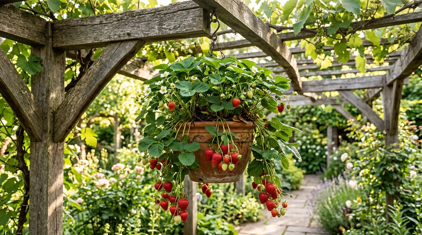 Hanging Strawberry Planter From a Pergola